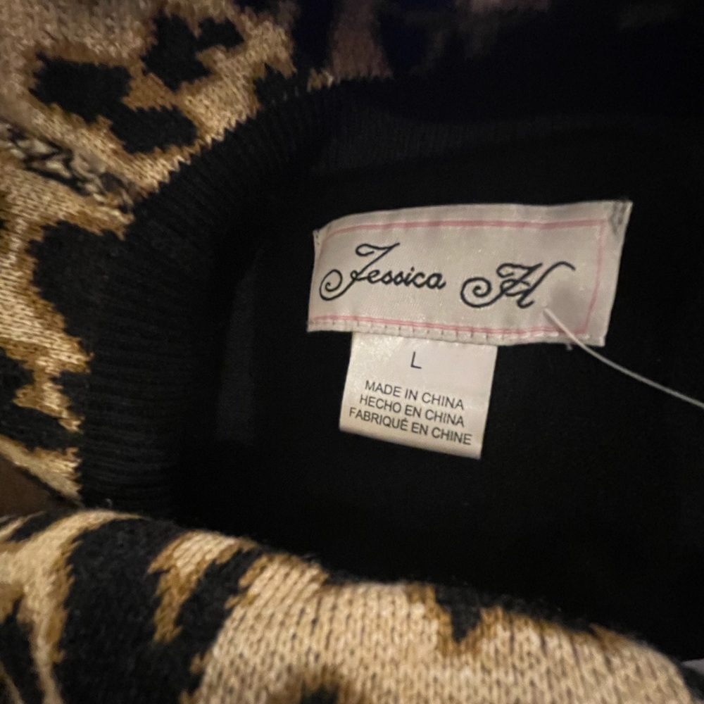 Jessica H. Black & Animal Print Cowl Neck Sweater Dress L FREE SHIP - Picture 4 of 5